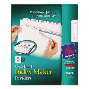 Avery 11421 Print & Apply Clear Label Dividers w/White Tabs, Copiers, 5-Tab, Letter, 5 Sets AVE11421