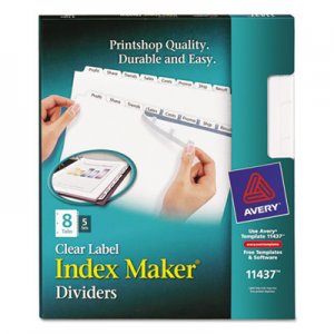 Avery 11437 Print & Apply Clear Label Dividers w/White Tabs, 8-Tab, Letter, 5 Sets AVE11437