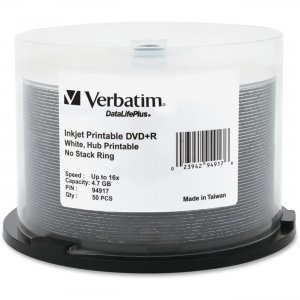 Verbatim 94917 DVD+R 4.7GB 16x DataLifePlus White Inkjet Hub Printable 50pk Spindle VER94917