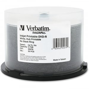 Verbatim 95079 DVD-R 4.7GB 16x DataLifePlus White Inkjet Hub Printable 50pk Spindle VER95079