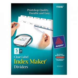 Avery 11446 Print & Apply Clear Label Dividers w/White Tabs, 5-Tab, Letter, 25 Sets AVE11446