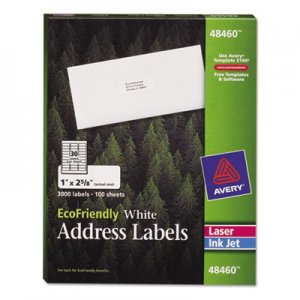 Avery AVE48460 EcoFriendly Laser/Inkjet Easy Peel Mailing Labels, 1 x 2 5/8, White, 3000/Pack