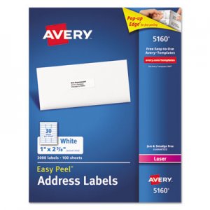 Avery 5160 Easy Peel Mailing Address Labels, Laser, 1 x 2 5/8, White, 3000/Box AVE5160