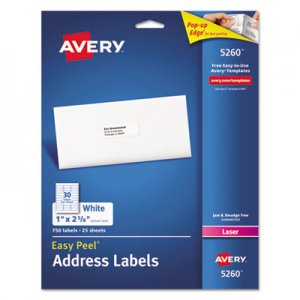 Avery 5260 Easy Peel Laser Address Labels, 1 x 2 5/8, White, 750/Pack AVE5260