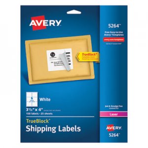 Avery 5264 Shipping Labels with TrueBlock Technology, Laser, 3 1/3 x 4, White, 150/Pack AVE5264