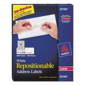 Avery 55160 Repositionable Address Labels, Laser, 1 x 2 5/8, White, 3000/Box AVE55160