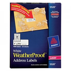 Avery 5520 WeatherProof Mailing Labels w/TrueBlock, Laser, White, 1 x 2 5/8, 1500/Pack AVE5520