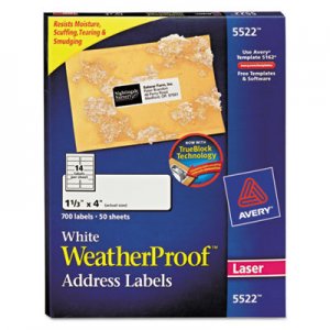 Avery 5522 WeatherProof Mailing Labels w/TrueBlock, Laser, White, 1 1/3 x 4, 700/Pack AVE5522