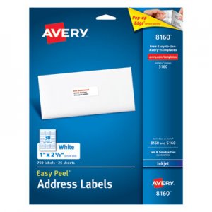 Avery 8160 Easy Peel Mailing Address Labels, Inkjet, 1 x 2 5/8, White, 750/Pack AVE8160