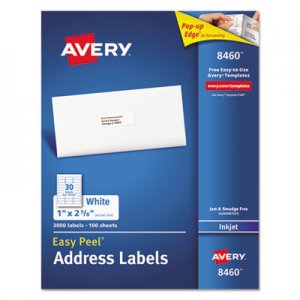 Avery 8460 Easy Peel Inkjet Address Labels, 1 x 2 5/8, White, 3000/Box AVE8460